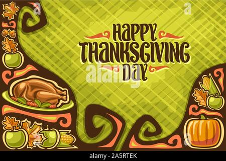 Vector biglietto di auguri per il giorno del Ringraziamento, modello con copia spazio per il Ringraziamento vacanza con il tradizionale tacchino cotto e frutta fresca, originale Illustrazione Vettoriale