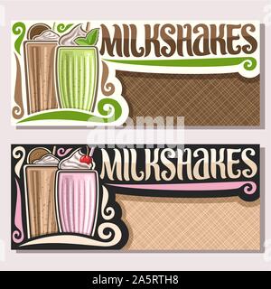 Banner di vettore per frappè con copia spazio, volantini con cocktail di caseificio decorate choko cookie e foglie di menta romana fresca, originali scritte f Illustrazione Vettoriale