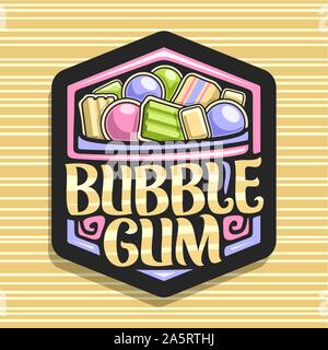Il logo del vettore per Bubble Gum, scuro segno esagonale con la pila di coloratissimi chewing bubblegum e frutta caramelle gommose, spazzola originale carattere tipografico per parole bub Illustrazione Vettoriale
