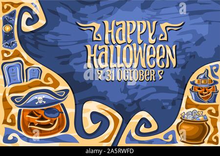 Vector biglietto di auguri per la festa di Halloween vacanza con spazio copia, arancione scolpite zucche, luna e pipistrelli al di sopra di tombe, carattere tipografico originale per parole felice hall Illustrazione Vettoriale