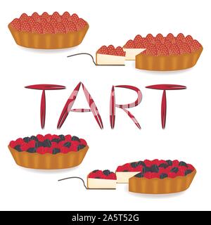 Icona vettore illustrazione logo per tutta la torta di berry tart, fetta pasticceria fatti in casa. Tart disegno costituito da diversi dessert pasticceria, cotta nel forno a ov Illustrazione Vettoriale