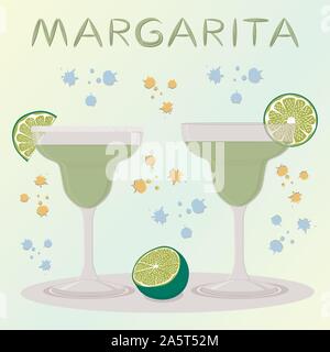 Icona vettore illustrazione logo per l'alcol cocktail Margarita dal Citrus limetta. Margarita consistente in pieno la coppa in vetro trasparente con cocktail di gr Illustrazione Vettoriale