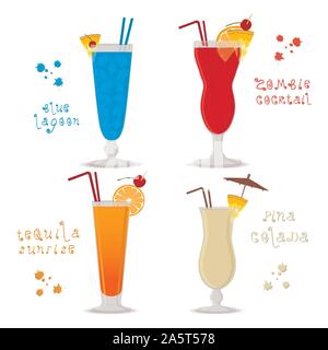Illustrazione Vettoriale per impostare cocktail alcolici laguna blu, zombie, pina colada, tequila sunrise. Pieno di coppa in vetro con cocktail, affettare frutta. Cocktail Illustrazione Vettoriale