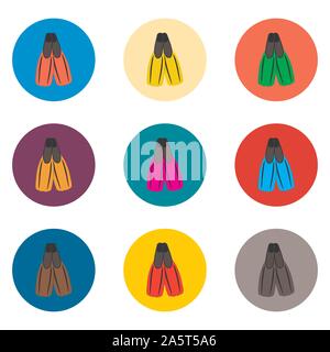 Icona vettore illustrazione per impostare i simboli gomma pinne per il nuoto in mare. Pinna disegno costituito da design piatto con elementi web apps. Collectio Illustrazione Vettoriale