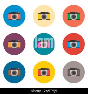 Icona vettore illustrazione logo per impostare i simboli fotocamera con lenti per le foto. Modello di fotocamera costituito da design piatto con elementi mobili le applicazioni web. Co Illustrazione Vettoriale