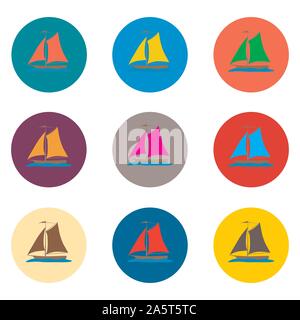 Icone vettoriali logo illustrazione dal set simboli per mare nave yacht. Yacht disegno costituito da design piatto con elementi mobili le applicazioni web. Collectio Illustrazione Vettoriale