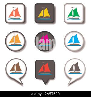 Icone vettoriali logo illustrazione dal set simboli per mare nave yacht. Yacht disegno costituito da design piatto con elementi mobili le applicazioni web. Collectio Illustrazione Vettoriale