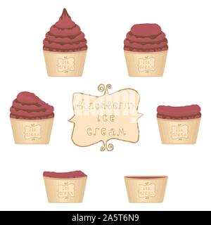 Illustrazione Vettoriale per blackberry naturale gelato sul bicchiere di carta. Ice Cream disegno consistente del dolce freddo di gelato, impostare gustosi dessert congelato. Fres Illustrazione Vettoriale