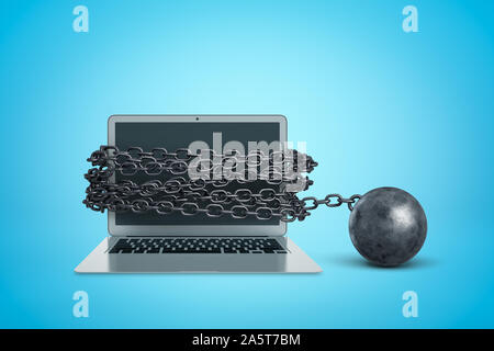 3D rendering di laptop incatenati con sfera in metallo su sfondo blu Foto Stock