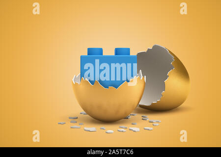 3D rendering di blu di mattoni Lego che appena schiuse dal Golden Egg. Foto Stock