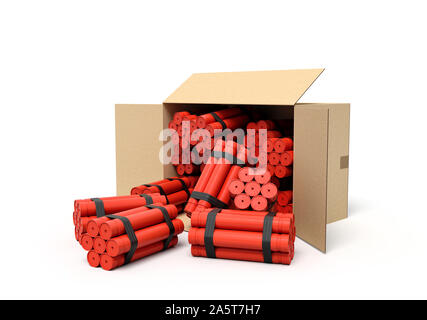 3D rendering di tnt dynamite bastoni in scatola di cartone Foto Stock