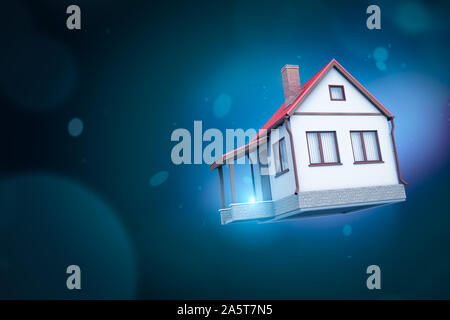 3D rendering della casa bianca con il tetto rosso sul neon scuro sfondo blu Foto Stock