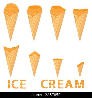 Illustrazione Vettoriale naturale per la pesca gelato sul cono di cialda. Ice Cream disegno consistente del dolce freddo di gelato, gustosi dessert congelato. Frutta fresca Illustrazione Vettoriale