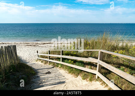 Ben mantenuto in legno di accesso sulla spiaggia che conduce attraverso le dune di sabbia di una spiaggia deserta ed un oceano di calma Foto Stock