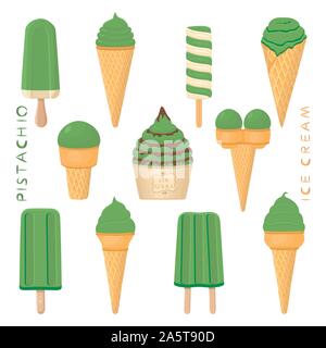 Illustrazione Vettoriale di pistacchio naturale gelati su stecco, in carta bocce, coni. Gelato consistente del dolce freddo per lecca-lecca gelato, impostare tast Illustrazione Vettoriale