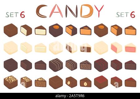 Grande e bella serie di coloratissimi dolci al cioccolato da caramelle. Candy consistente di latte ricoperta di cioccolato ripiene dolce torrone. Scatola di cioccolatini riuniscono Illustrazione Vettoriale