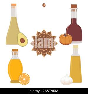 Illustrazione Vettoriale per impostare varie bottiglie di olio, vaso in plastica con tappo. Modello di olio costituito da contenitore naturale liquido organico, pallone di vetro nel cosmo Illustrazione Vettoriale