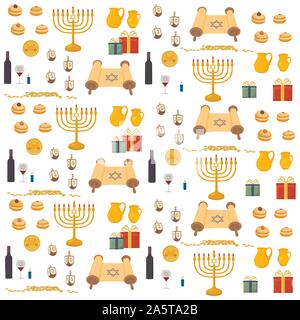 Illustrazione Vettoriale per Hanukkah è grande festa ebraica. Hanukkah disegno costituito da stella di Davide, sufganiyot ciambelle, decorazione menorah, argilla j Illustrazione Vettoriale