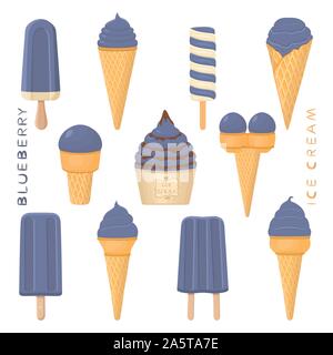 Illustrazione Vettoriale per naturali mirtillo gelati su stecco, in carta bocce, coni. Gelato consistente del dolce freddo per lecca-lecca gelato, impostare tast Illustrazione Vettoriale