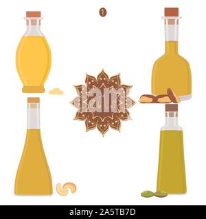 Illustrazione Vettoriale per impostare varie bottiglie di olio, vaso in plastica con tappo. Modello di olio costituito da contenitore naturale liquido organico, pallone di vetro nel cosmo Illustrazione Vettoriale