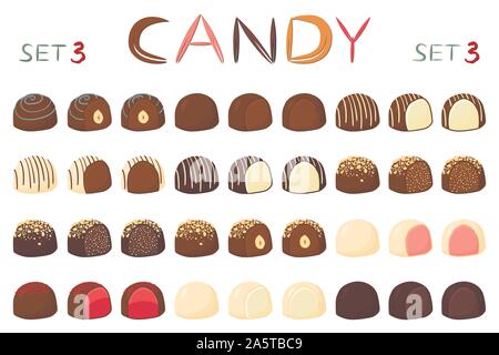 Grande e bella serie di coloratissimi dolci al cioccolato da caramelle. Candy consistente di latte ricoperta di cioccolato ripiene dolce torrone. Scatola di cioccolatini riuniscono Illustrazione Vettoriale