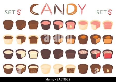 Grande e bella serie di coloratissimi dolci al cioccolato da caramelle. Candy consistente di latte ricoperta di cioccolato ripiene dolce torrone. Scatola di cioccolatini riuniscono Illustrazione Vettoriale