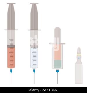 Illustrazione sul tema grande set di colori diversi tipi di siringhe, aghi per ospedale. Siringa costituito da accessorio di raccolta con qualità contr Illustrazione Vettoriale