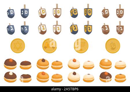 Illustrazione Vettoriale per Hanukkah è grande festa ebraica. Hanukkah disegno costituito da stella di Davide, sufganiyot ciambelle, decorazione menorah, argilla j Illustrazione Vettoriale