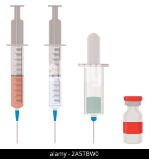 Illustrazione sul tema grande set di colori diversi tipi di siringhe, aghi per ospedale. Siringa costituito da accessorio di raccolta con qualità contr Illustrazione Vettoriale