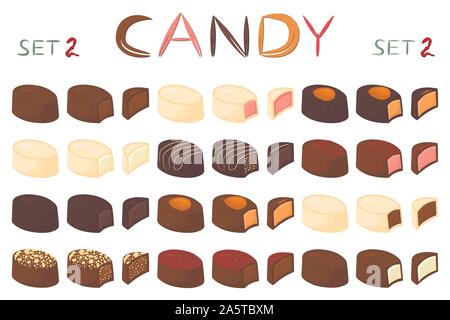 Grande e bella serie di coloratissimi dolci al cioccolato da caramelle. Candy consistente di latte ricoperta di cioccolato ripiene dolce torrone. Scatola di cioccolatini riuniscono Illustrazione Vettoriale