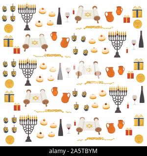 Illustrazione Vettoriale per Hanukkah è grande festa ebraica. Hanukkah disegno costituito da stella di Davide, sufganiyot ciambelle, decorazione menorah, argilla j Illustrazione Vettoriale