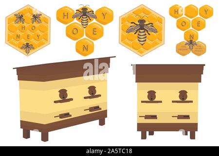 Illustrazione sul tema grande set di colori diversi tipi di miele di dimensioni diverse per le api su favi. Il miele disegno costituito da accessorio di raccolta p. Illustrazione Vettoriale