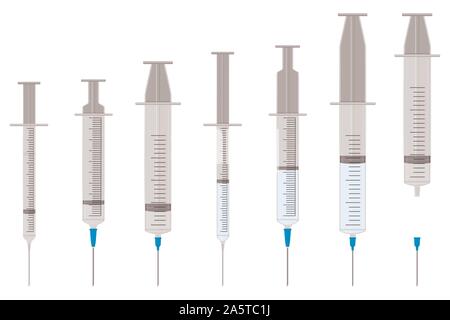 Illustrazione sul tema grande set di colori diversi tipi di siringhe, aghi per ospedale. Siringa costituito da accessorio di raccolta con qualità contr Illustrazione Vettoriale