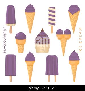 Illustrazione Vettoriale di ribes nero naturale gelati su stecco, in carta bocce, coni. Gelato consistente del dolce freddo per lecca-lecca gelato, gustoso Illustrazione Vettoriale