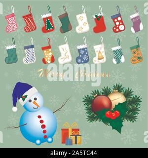 Illustrazione per tema grande set di colori diversi tipi di calze bambino, pupazzo di neve con i pulsanti. Pupazzo di neve design costituito da collezione kids calzino su backg Illustrazione Vettoriale