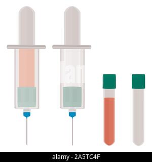 Illustrazione sul tema grande set di colori diversi tipi di siringhe, aghi per ospedale. Siringa costituito da accessorio di raccolta con qualità contr Illustrazione Vettoriale
