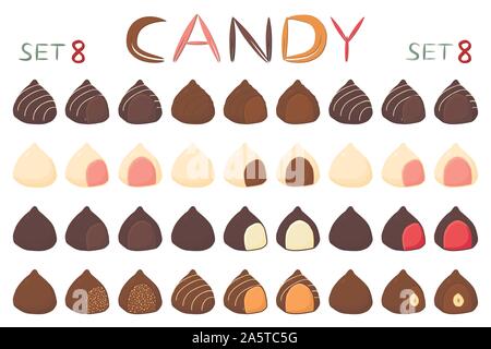 Grande e bella serie di coloratissimi dolci al cioccolato da caramelle. Candy consistente di latte ricoperta di cioccolato ripiene dolce torrone. Scatola di cioccolatini riuniscono Illustrazione Vettoriale