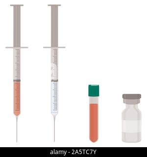 Illustrazione sul tema grande set di colori diversi tipi di siringhe, aghi per ospedale. Siringa costituito da accessorio di raccolta con qualità contr Illustrazione Vettoriale