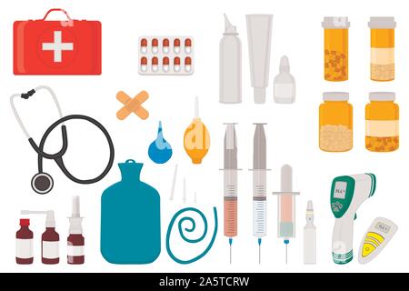 Icona illustrazione sul tema grande set di colori diversi tipi di farmaci di diverse dimensioni per la farmacia. Farmaco costituito da collezione di accessori Illustrazione Vettoriale
