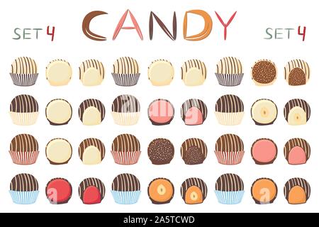 Grande e bella serie di coloratissimi dolci al cioccolato da caramelle. Candy consistente di latte ricoperta di cioccolato ripiene dolce torrone. Scatola di cioccolatini riuniscono Illustrazione Vettoriale