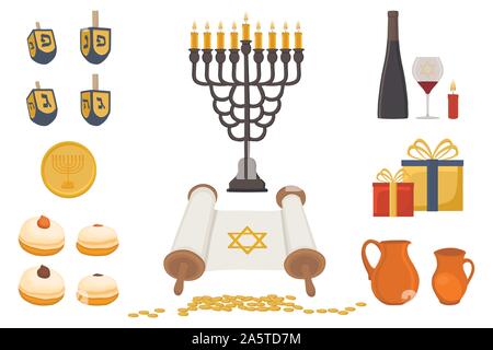 Illustrazione Vettoriale per Hanukkah è grande festa ebraica. Hanukkah disegno costituito da stella di Davide, sufganiyot ciambelle, decorazione menorah, argilla j Illustrazione Vettoriale