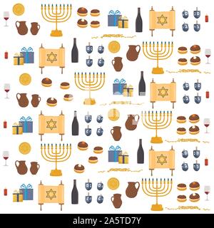 Illustrazione Vettoriale per Hanukkah è grande festa ebraica. Hanukkah disegno costituito da stella di Davide, sufganiyot ciambelle, decorazione menorah, argilla j Illustrazione Vettoriale