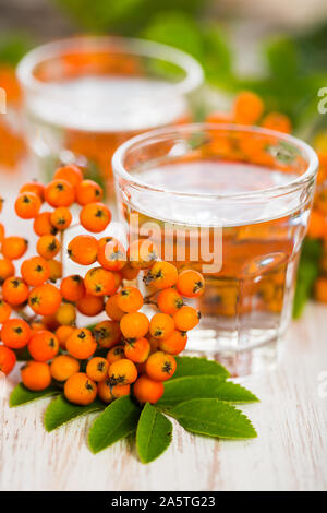 2 bicchieri di acquavite rowanberry con sorbe (Sorbus aucuparia) sulla tavoletta di legno Foto Stock
