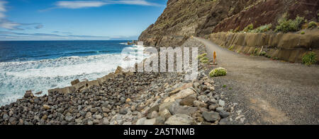 Vista dell'isola di Tenerife da Santa Catalina beach. Enormi pilastri di calcestruzzo per gru e le rovine del vecchio porto Hermigua in background. La G Foto Stock