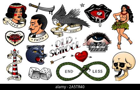 Set di scuola vintage Tattoo. Caratteri giocando a carte, Hawaiian donna, labbra e medicina farmaco, faro, Panther, dadi e snake. Mano inciso Illustrazione Vettoriale