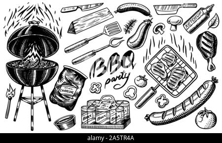 Grill Barbecue impostato in stile vintage. Disegnato a mano. Il barbecue party ingredienti. Grill caldo cibo, birra e strumenti, spezie e verdure. Illustrazione Vettoriale Illustrazione Vettoriale