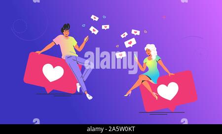 Paio utilizzando i social media concetto illustrazione vettoriale. Giovane uomo e donna seduta su grandi bolle con cuore simboli utilizzando mobile app per i messaggi di testo e Illustrazione Vettoriale