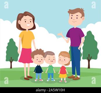La famiglia felice nel parco, design colorato Illustrazione Vettoriale