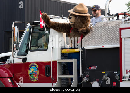 Smokey Bear equitazione in un camion dei pompieri prendendo parte al 2019 luglio 01 Canada giorno parata tenutasi a Whitehorse, Yukon, Canada. Una festività nazionale. Foto Stock