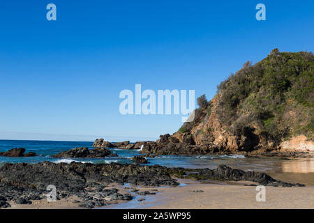 Nobbys Beach, Port Macquarie, un cane locale friendly spiaggia. Foto di alta 30 m Nobby testa. Foto Stock